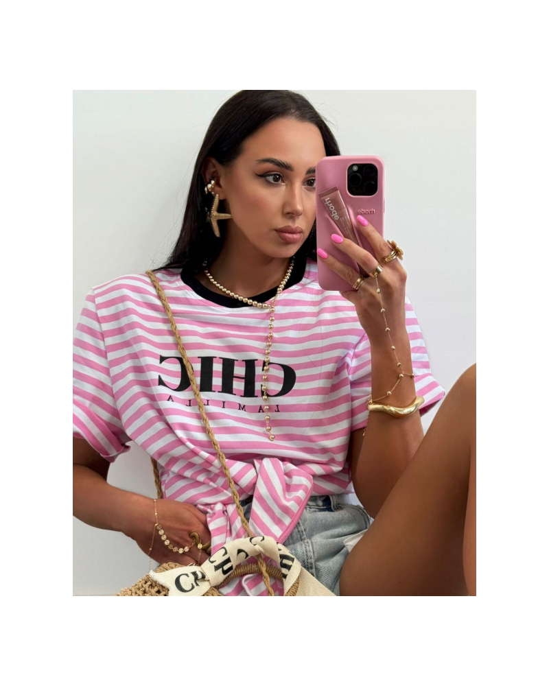 T-shirt wiązany CHIC La Milla różowo-biały