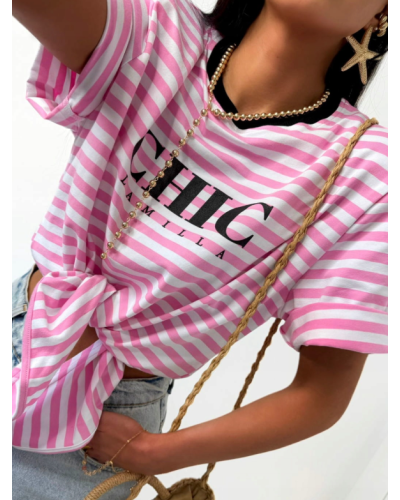 T-shirt wiązany CHIC La Milla różowo-biały