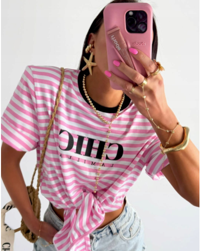 T-shirt wiązany CHIC La Milla różowo-biały