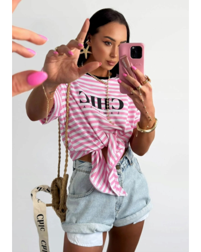 T-shirt wiązany CHIC La Milla różowo-biały