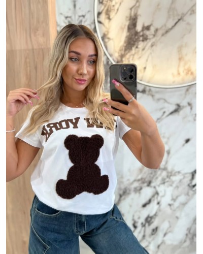 T-shirt New York z misiem By o la la...! śmietankowy z chocomusem