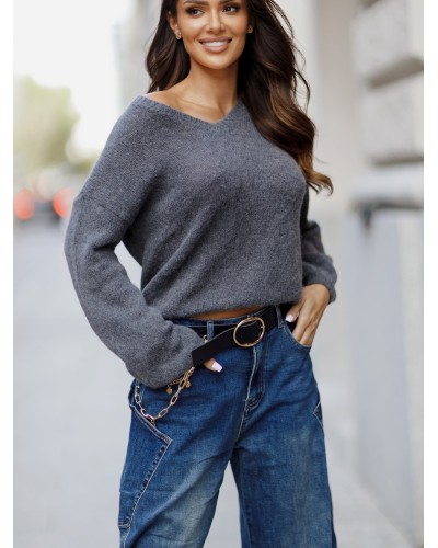 Sweter w szpic z bufiastym rękawem By o la la...! grafitowy