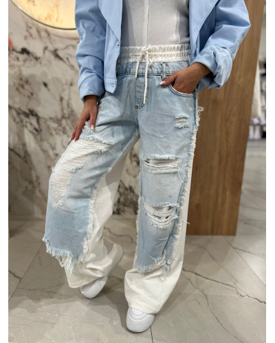 Spodnie dresowe z jeansowym przodem By o la la...! białe z niebieskim