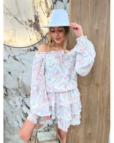 Sukienka hiszpanka w kwiaty By o la la...! śmietanowa