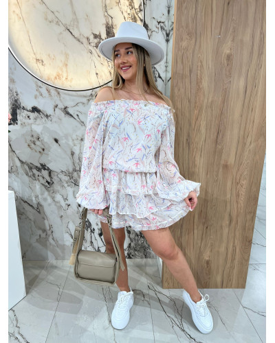 Sukienka hiszpanka w kwiaty By o la la...! śmietanowa