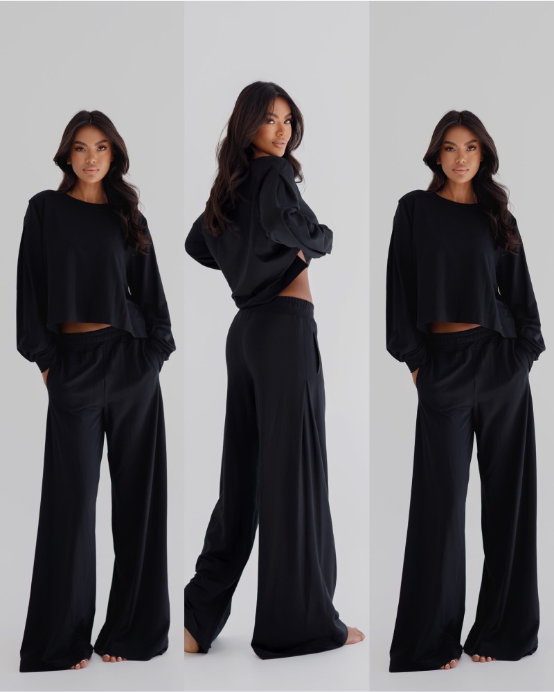 Komplet dresowy szerokie spodnie plus bluza By o la la...! czarny Komplet dresowy szerokie spodnie plus bluza By o la la...! czarny