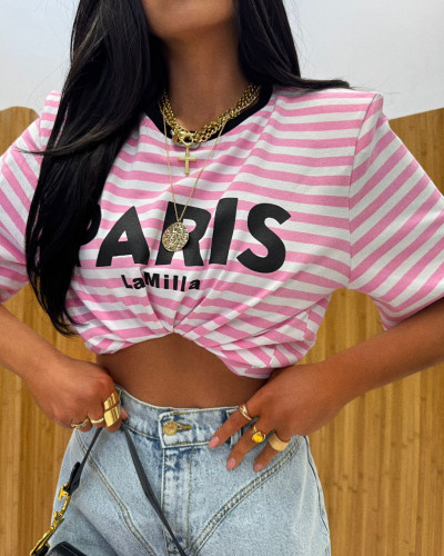 T-shirt PARIS w paski La Milla biało-różowy