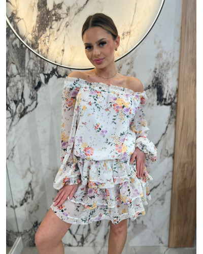 Sukienka hiszpanka w kwiaty By o la la...! śmietanowa z żółtym