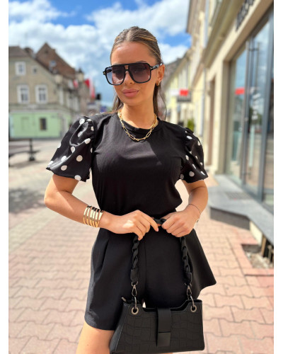 Bluzka z rękawkami w kropki Dotty czarna