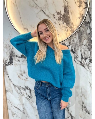 Sweter moherowy w szpic By o la la...! petrol