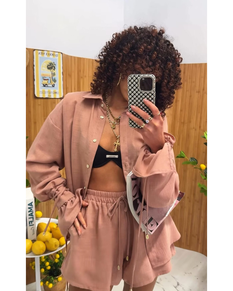 Komplet z koszulą dzwoneczek lniany La Milla beżowy róż