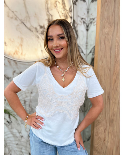T-shirt z koronkowym topem By o la la...! biały z beżowym